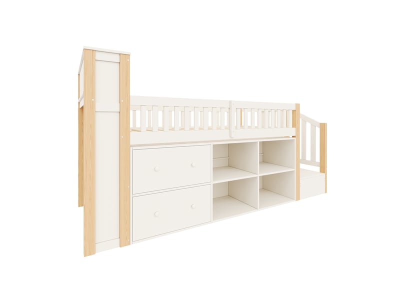  Lit mezzanine 90x200 cm naturel, tiroirs, rangements, armoire trapézoïdale, éclairage led, sans matelas  - Conforama D
