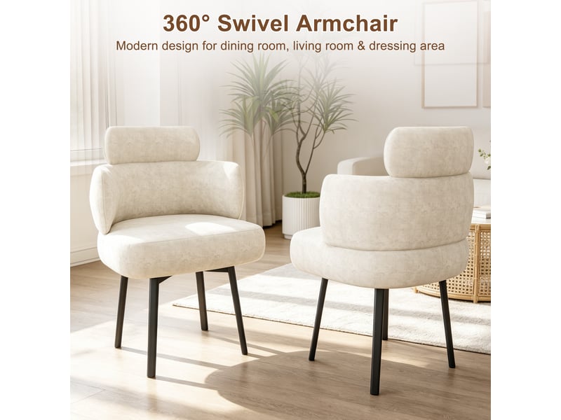  Chaise de salle à manger pivotante 360° avec accoudoirs, revêtement chenille et dossier incurvé, crème blanc, pour salle à manger salon coiffeuse  - Conforama D