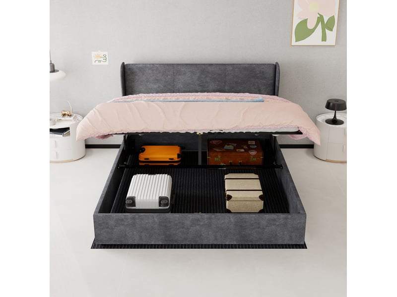  Lit coffre 160 x 200 cm gris avec tête de lit capitonnée en velours et vérins à gaz  - Conforama D