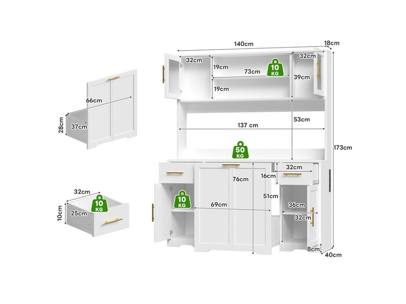 Meuble de cuisine avec plan de travail, tiroirs, double poubelle coulissante et vitrine, blanc, 173 × 140 × 40 cm  - Conforama C
