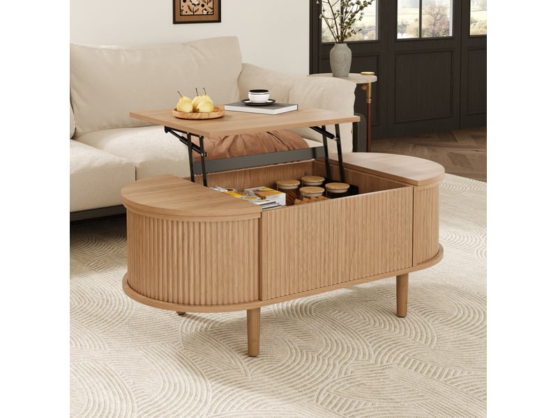  Table basse ovale relevable 100x48x53,5 cm avec rangement, coloris chêne  - Conforama B