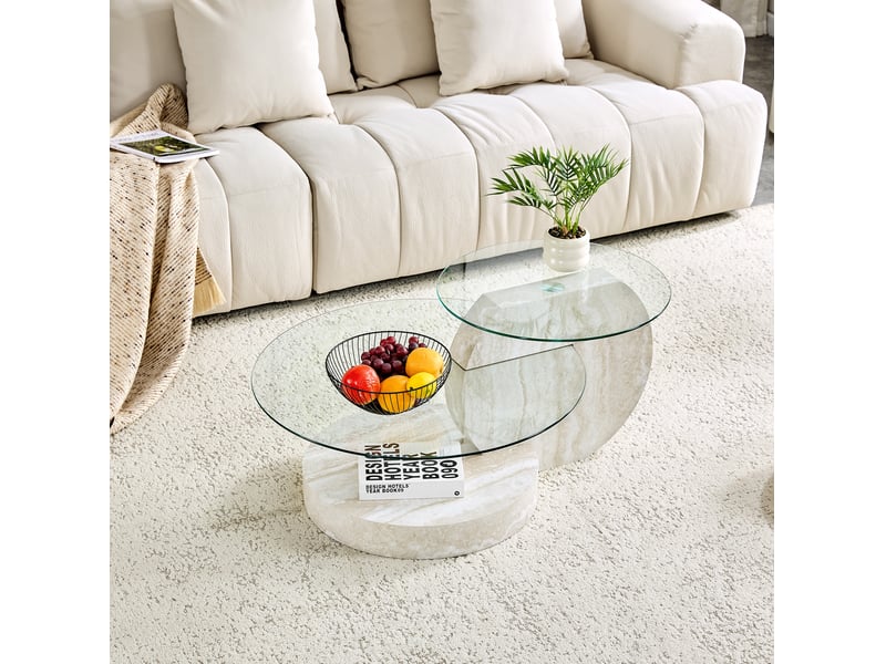 Table basse à niveaux avec deux plateaux en verre de sécurité et rangement ouvert en mdf gris clair pour salon - Conforama D