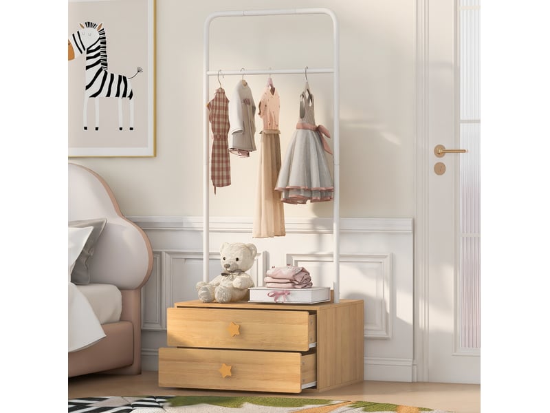 Portant à vêtements enfant avec 2 tiroirs, 70x55x168 cm, blanc et coloris bois naturel - Conforama C