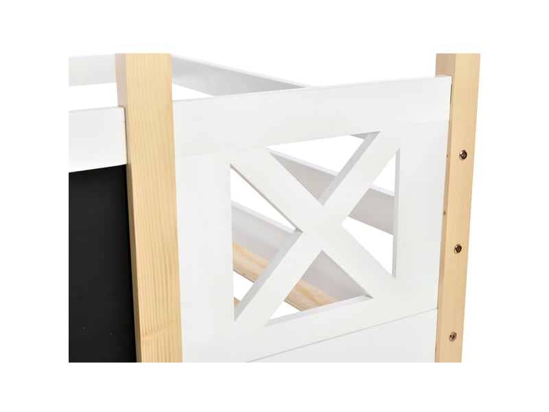  Lit superposé enfant 90x200 cm avec escalier de rangement, blanc et naturel, sans matelas  - Conforama E