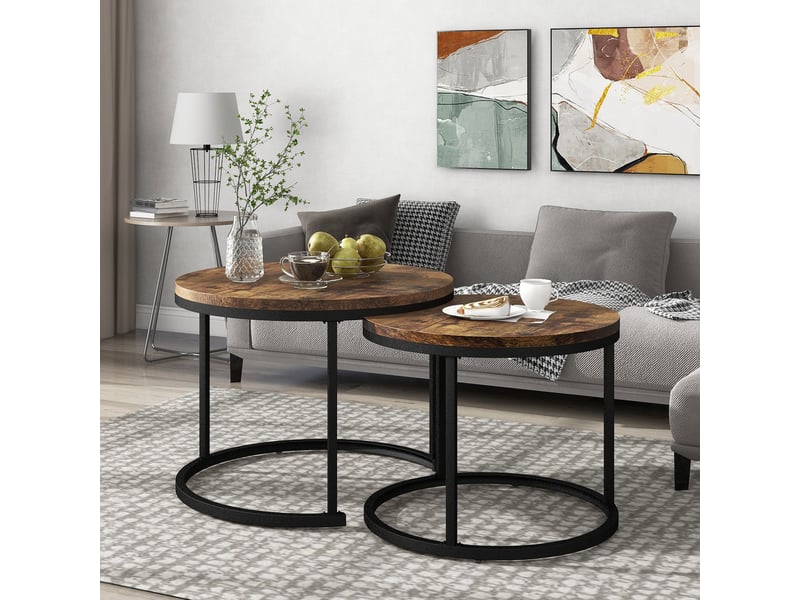  Lot de 2 tables gigognes rondes marron en mdf et métal, ø 50 x h 70,5 cm et ø 45,5 x h 44 cm  - Conforama E