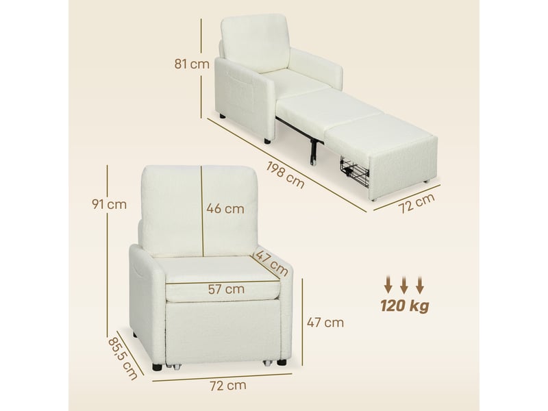 Fauteuil convertible 1 place, fauteuil-lit avec rangement caché, 72 x 85,5 x 91 cm, assise large et rembourrée, crème - Conforama C