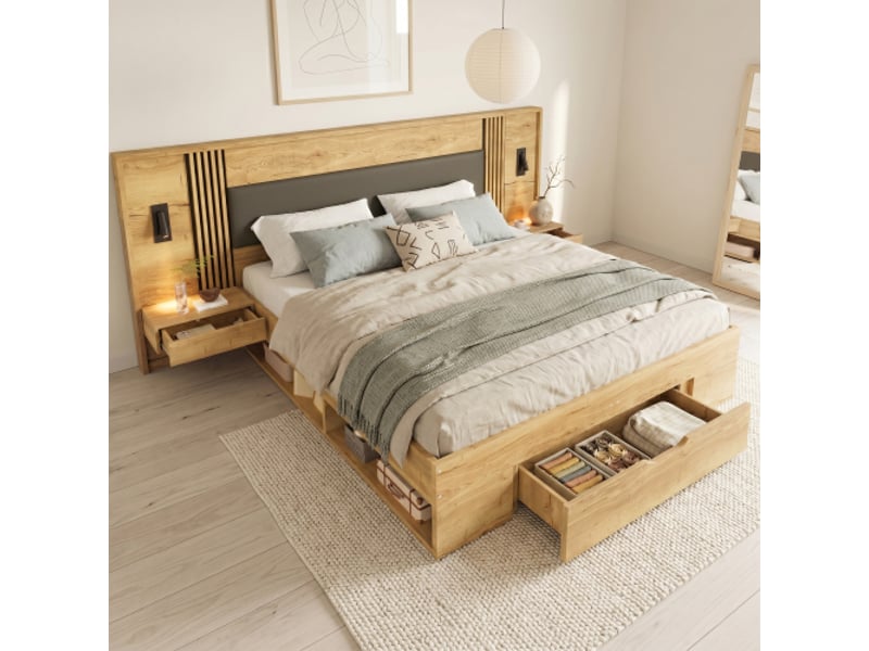  Lit avec rangement 160x200 cm avec 2 chevets, tête de lit avec lampes, en bois, naturel, sans matelas  - Conforama B