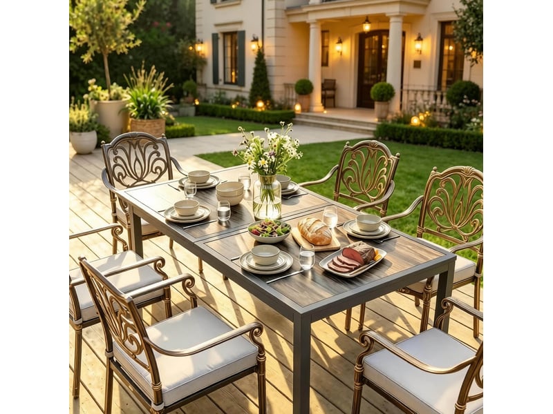  Table de jardin 140x80 cm – gris foncé – plateau aspect bois pspc, acier galvanisé thermolaqué pour 4 à 6 personnes  - Conforama B