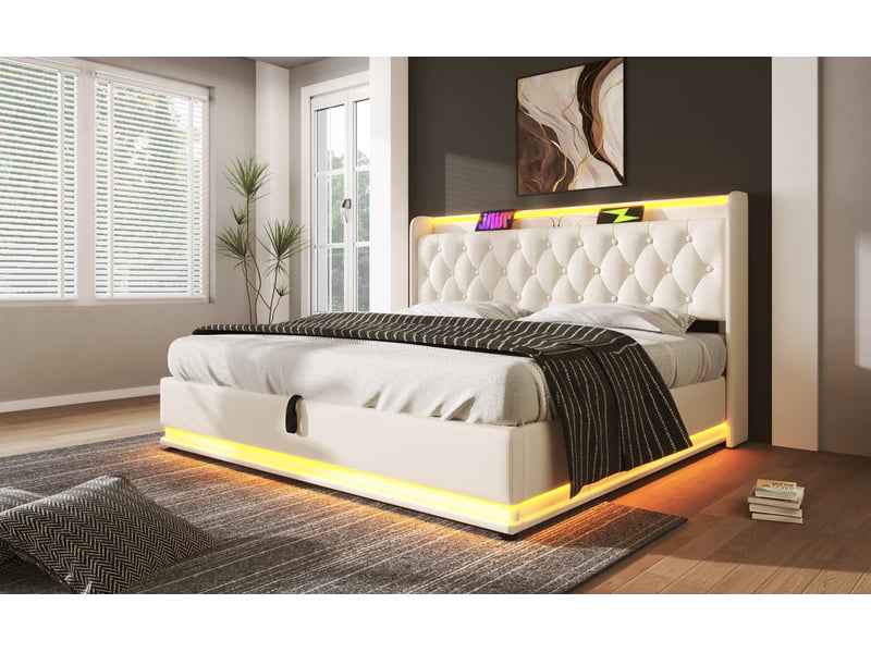  Lit coffre double 160x200 cm avec led et usb type-c - rangement hydraulique, simili cuir blanc, matelas inclus  - Conforama C