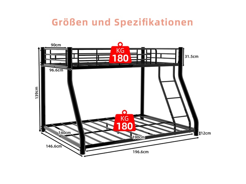  Lit superposé 90 × 190 cm et 140 × 190 cm 2 places avec échelle et barrières, sans matelas, en métal noir  - Conforama D