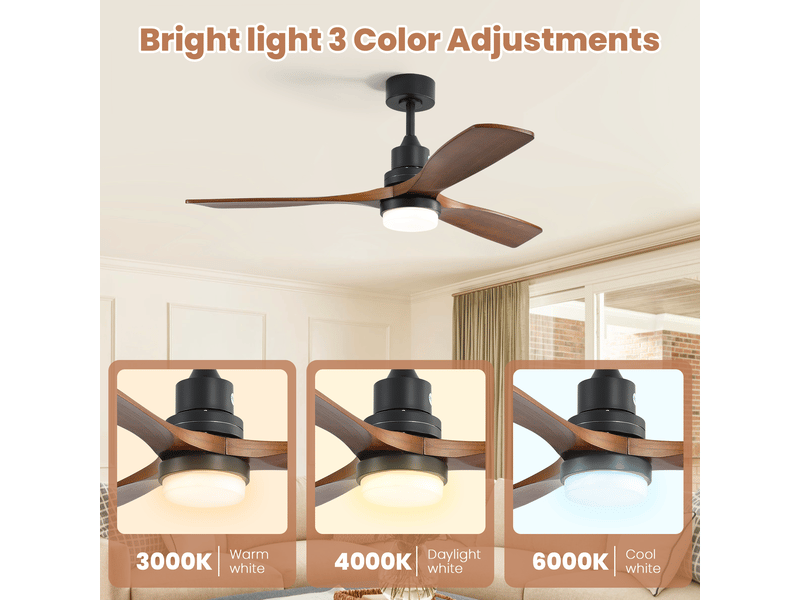 Ventilateur de plafond 132 cm avec éclairage et télécommande, moteur dc réversible silencieux, pales en bois de noyer - Conforama C