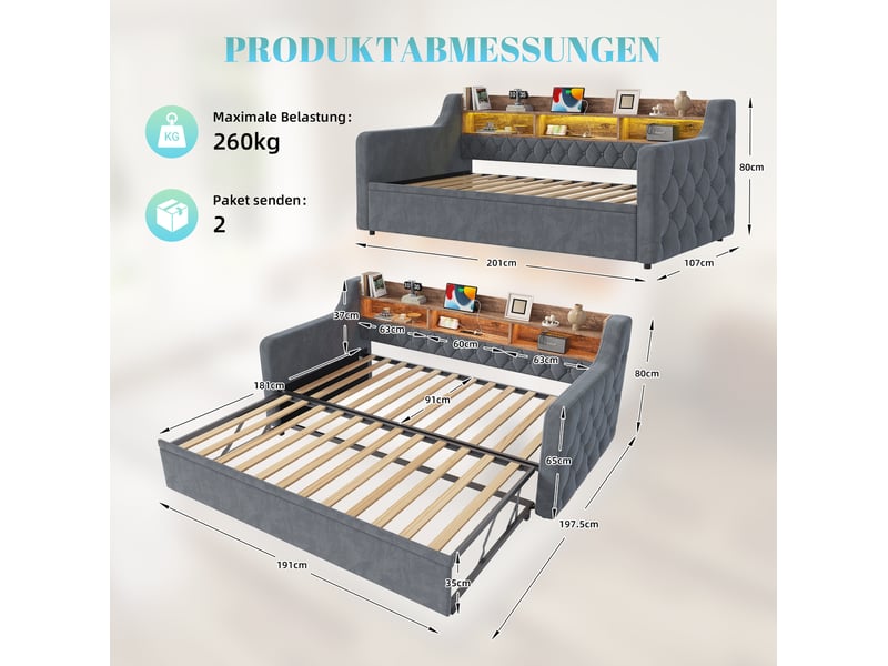  Lit gigogne, 90x190 cm, solution de rangement, led, ports usb type-c, foncé, matelas non inclus, velours, coloris gris  - Conforama C