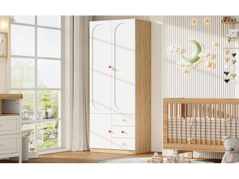 Armoire enfant 2 portes 3 tiroirs avec penderie - lpospi - rangement anti-basculement mdf blanc 80 × 50 × 200 cm - Conforama E