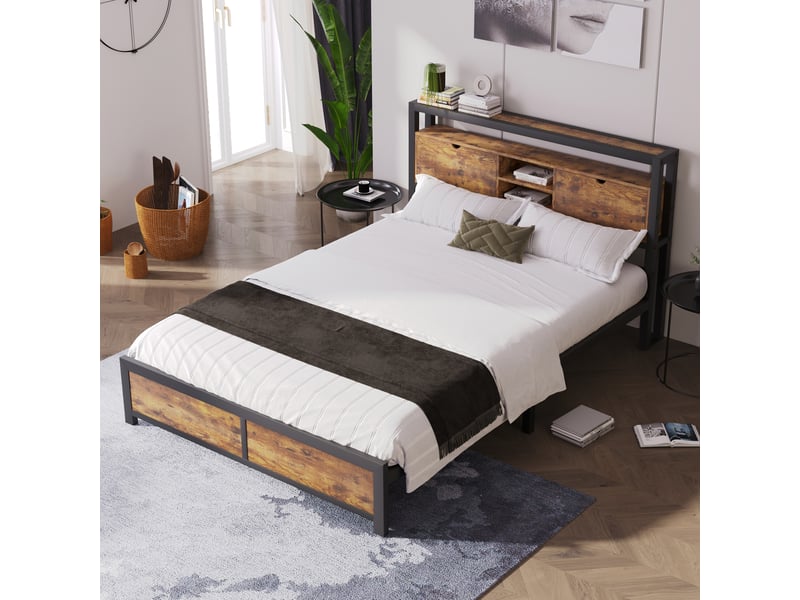 Lit double 140x200 cm avec rangement et tête de lit - cadre métal noir industriel - Conforama E