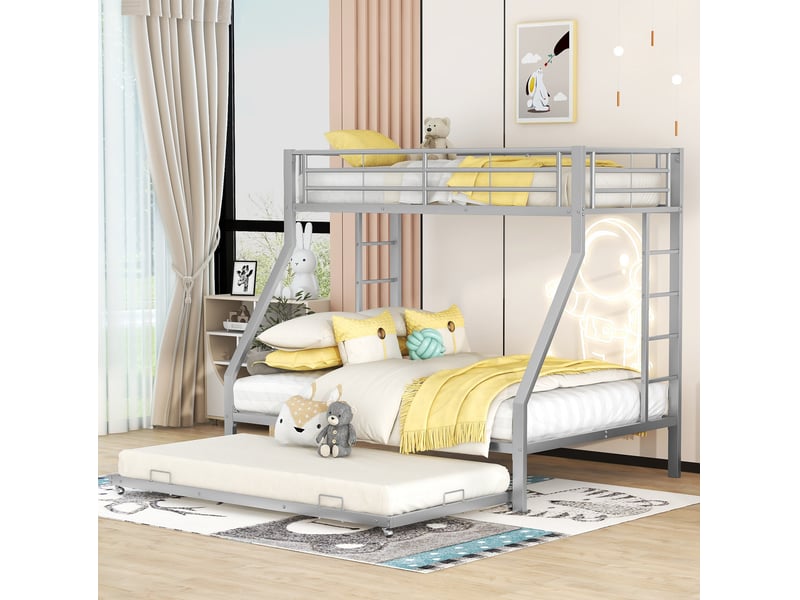 Lit superposé 3 places 90 × 200 cm et 140 × 200 cm, couchage gigogne 90 × 190 cm, sans matelas, métal argenté  - Conforama B