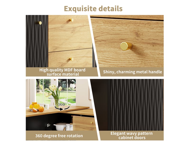  Ilot cuisine, buffet de cuisine avec rangements intégrés, plateau extensible, pivotant à 360°, dimensions 138 à 204 x 39 x 104 cm, mdf, noir  - Conforama E