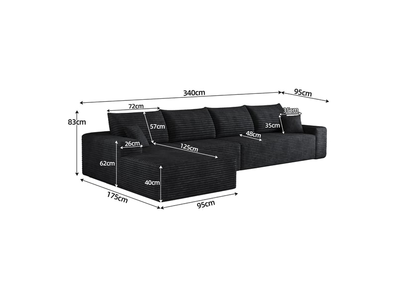  Canapé d'angle modulable 340x175x83 cm avec chaise longue noir  - Conforama E