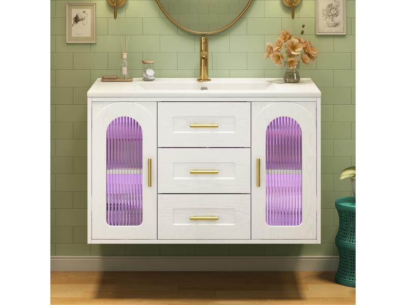  Meuble sous vasque mural led avec 2 tiroirs et 2 portes, étagères réglables, pour salle de bain, blanc, 76 × 46 × 55 cm  - Conforama D