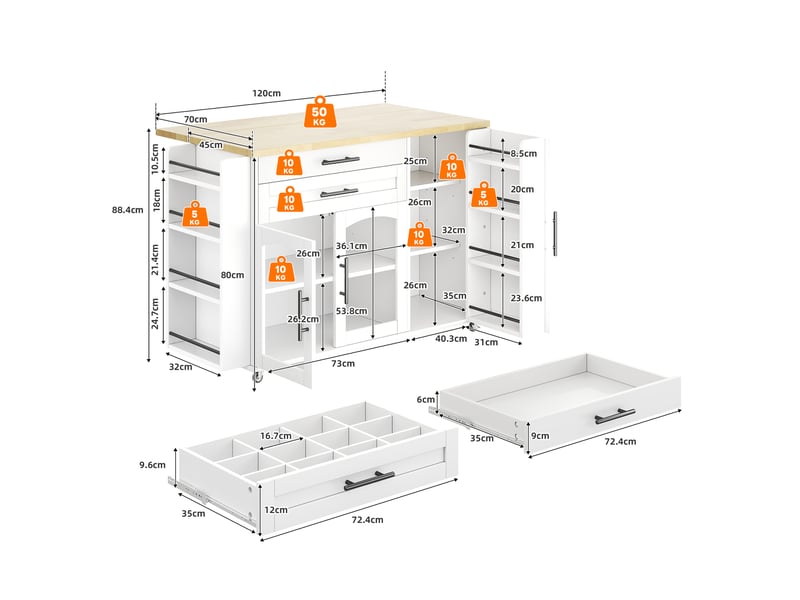  Desserte de cuisine avec 2 portes, 2 tiroirs, plateau rabattable et roues en mdf 120×45(70)×90 cm blanc naturel  - Conforama E