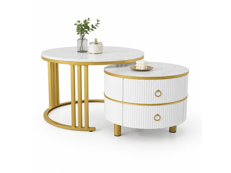 Tables basses gigognes rondes avec 2 tiroirs, plateaux effet marbre et brillant, blanc et doré - Conforama A