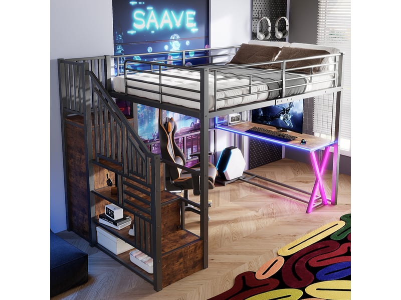  Lit mezzanine 140x200 cm avec éclairage led et bureau, lit double avec échelle de rangement et armoire, noir  - Conforama W