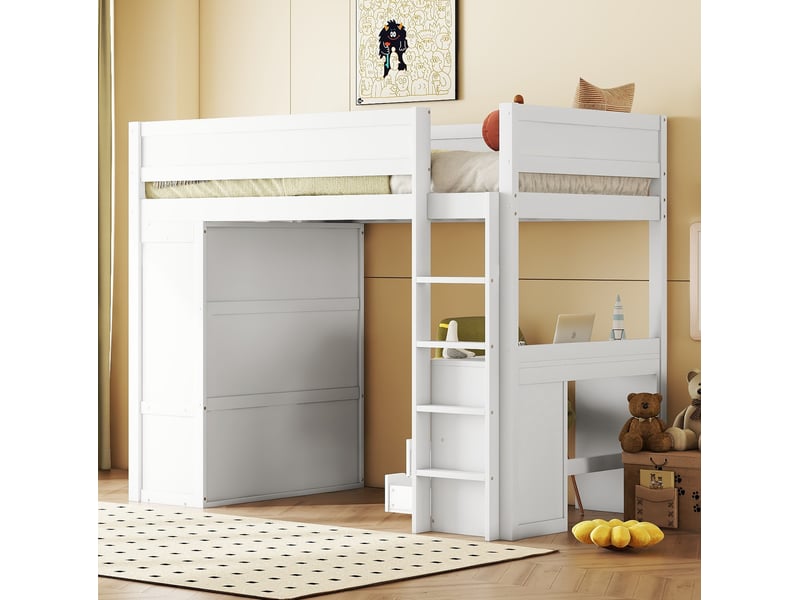 Lit mezzanine enfant 90x200 cm avec bureau, armoire et tiroirs blanc - Conforama E