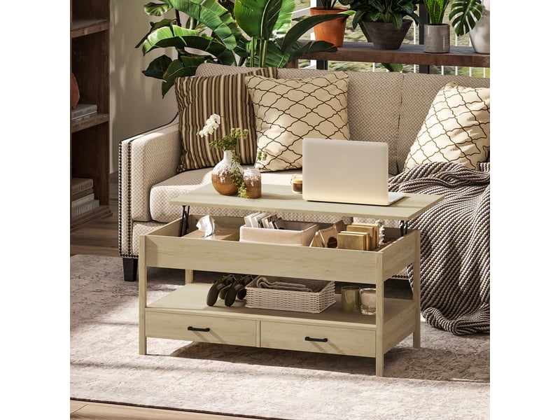  Table basse relevable, table basse avec tiroirs et compartiment caché pour salon, bureau à domicile, chêne  - Conforama D
