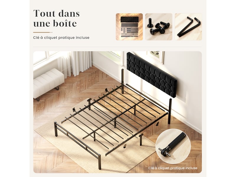  Lit 160x200 cm avec sommier à lattes, cadre de lit métallique rembourré avec tête de lit réglable, 32 cm d'espace de rangement sous le lit, lit double, noir  - Conforama D