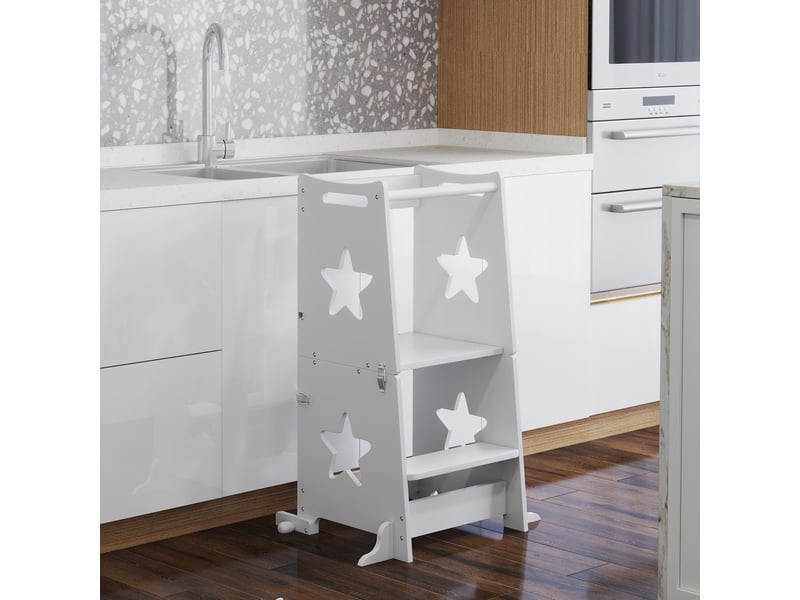  Échelle montessori convertible en table et chaise avec barre de sécurité, en bois, 60 x 44,5 x 86 cm, blanche  - Conforama C