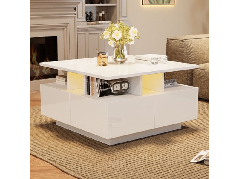  Table basse blanche laquée 70x70 cm – led, 4 tiroirs, design géométrique, capacité 30 kg – meuble salon tendance  - Conforama E