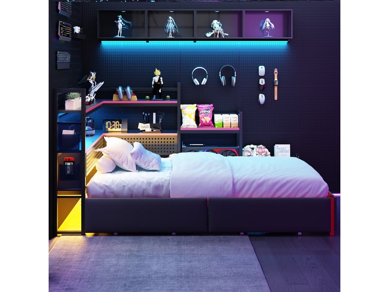 Lit avec rangement 90x200 cm coloris noir led métal - Conforama D