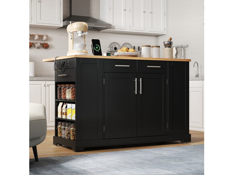  Îlot de cuisine 138x86x92 cm avec plateau rabattable, noir et bois naturel  - Conforama D