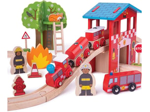 Jeu en bois - ensemble de train de caserne de pompiers