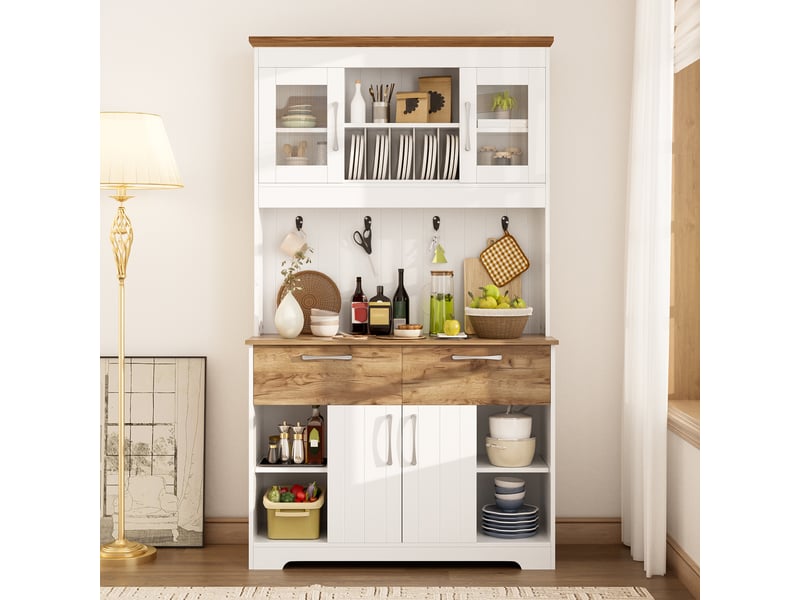 Buffet avec 2 tiroirs, portes vitrées et patères pour cuisine en panneaux de particules 106×39×176,5 cm blanc naturel - Conforama C