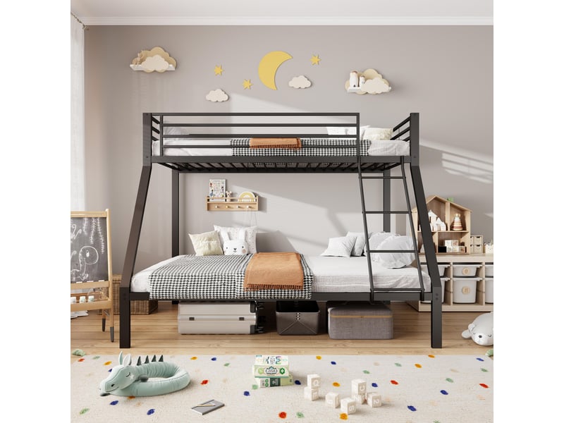  Lit superposé 90140x200cm - lit familial 3 places avec échelle réversible et barrière antichute - noir mat  - Conforama B