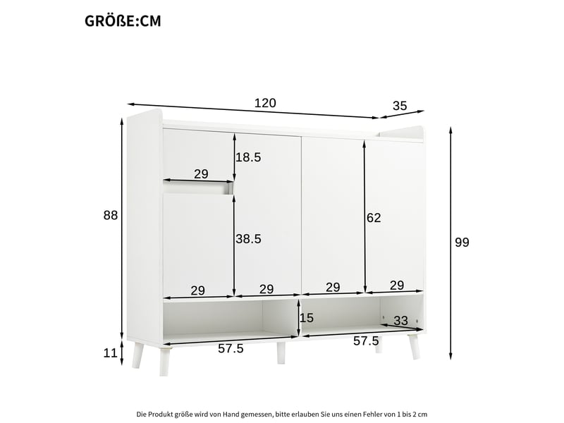  Buffet à chaussures oslo blanc 120x35x99 cm, 4 portes, 1 tiroir &amp; étagère réglable, grand rangement  - Conforama C