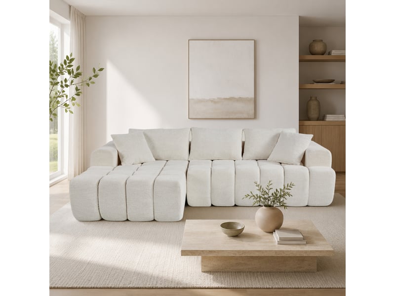  Canapé d'angle 250×160×74 cm 3 places, méridienne gauche en chenille couleur blanc  - Conforama E