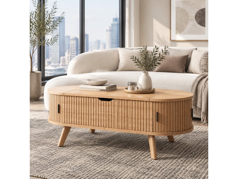  Table basse ovale relevable avec rangement caché et 2 portes coulissantes en mdf pour salon 110×50×53,5 cm naturel  - Conforama B