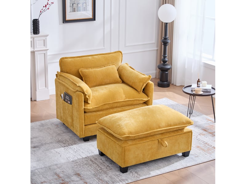  Fauteuil relax xxl avec repose-pieds coffre 103x85x91 cm, poches latérales, tissu chenille, coussin jaune  - Conforama B