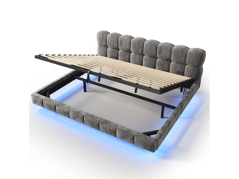  Lit coffre adulte 180x200 cm – gris – rangement hydraulique, led et chargeurs usbusb-c, sans matelas  - Conforama D