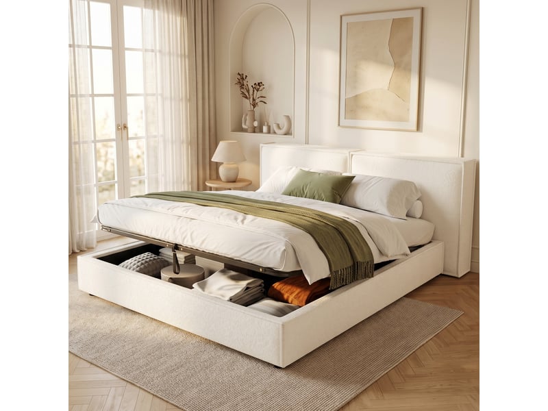  Lit coffre rembourré, rangement hydraulique, sommier à lattes, tête capitonnée, tissu bouclette, 180x200 cm, blanc  - Conforama D
