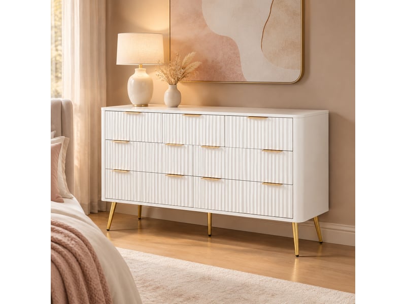 Commode 7 tiroirs avec fermeture douce - lpospi - poignées en métal, pieds surélevés, mdf blanc - Conforama B