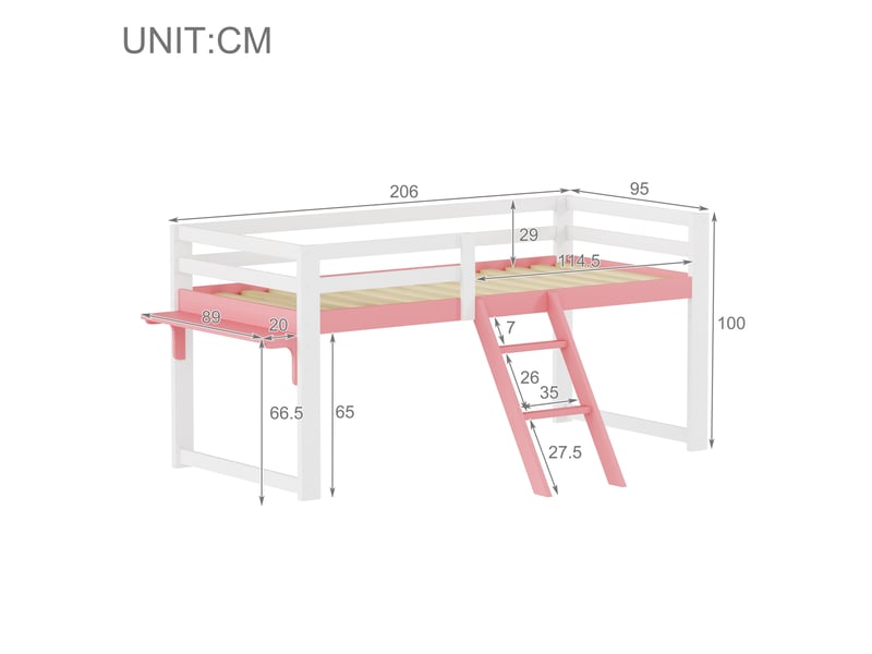  Lit mezzanine 90x200 cm, structure en pin massif, coloris rose, échelle fixe, garde-corps, sommier à lattes inclus, sans sommier tapissier  - Conforama C