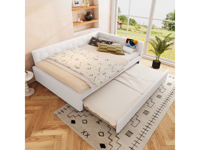  Lit de jour 140*200cm sans matelas avec sommier, lit gigogne, usb et type-c, velours blanc pour chambre  - Conforama E