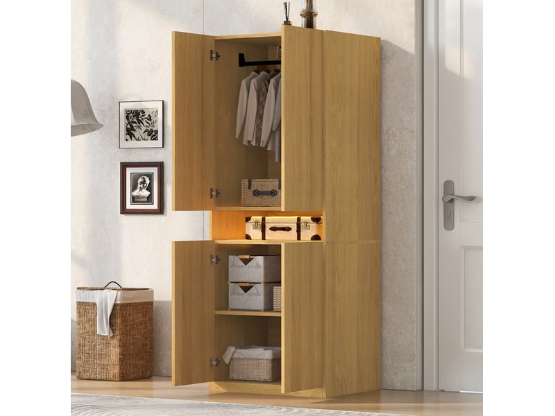  Armoire 70x55x180 cm effet bois avec penderie, rangement et éclairage led  - Conforama E