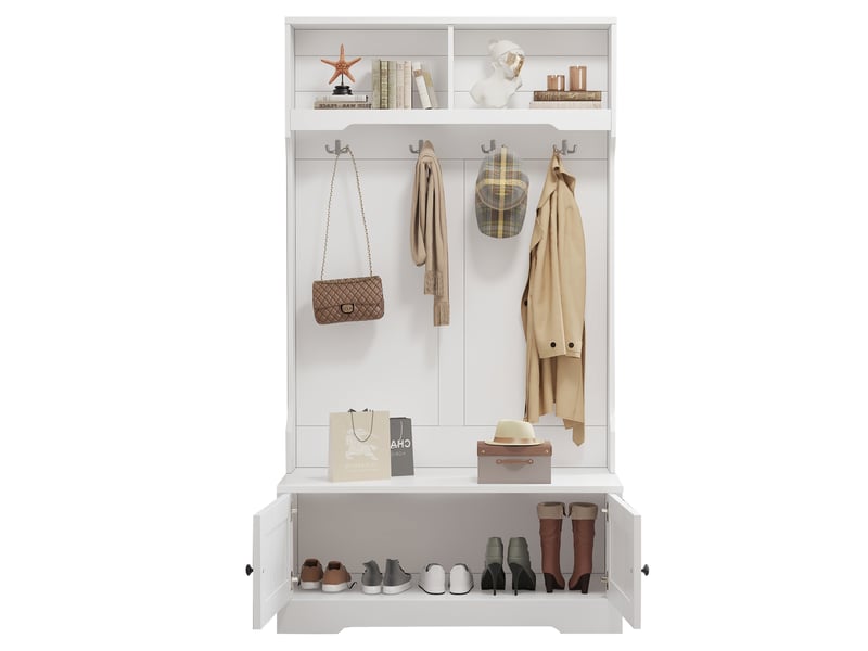  Vestiaire d’entrée 101,5x183 cm - banc à chaussures avec rangement, 4 crochets et 2 niches ouvertes - blanc  - Conforama A