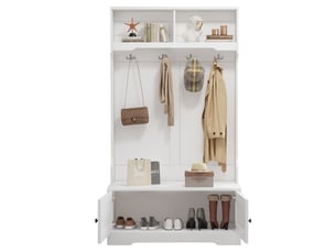Vestiaire d’entrée 101,5x183 cm - banc à chaussures avec rangement, 4 crochets et 2 niches ouvertes - blanc