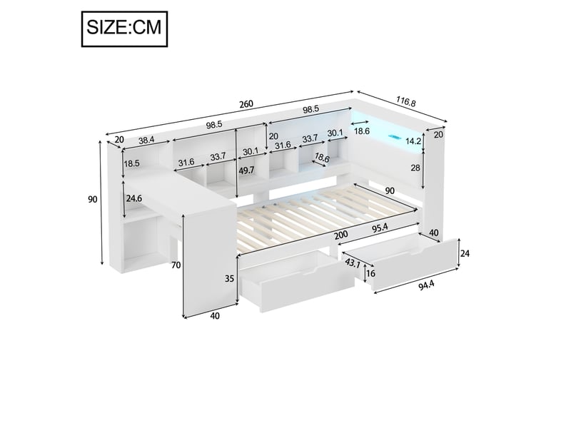 Lit 90x200 cm en l avec bureau, étagères, tiroirs et led blanc - Conforama E