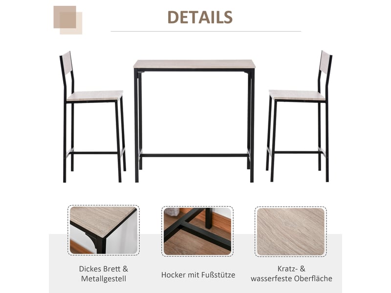  Ensemble table de bar et 2 tabourets avec dossier mdf et métal bois naturel  - Conforama D