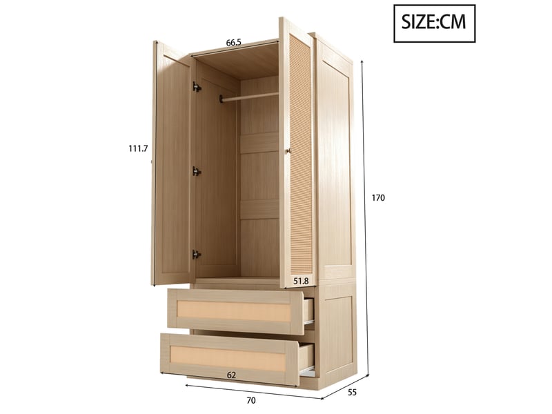  Armoire de chambre 70x55x170 cm à double porte effet rotin synthétique, avec tiroirs et compartiments de rangement, bois, naturel Sol Morn - Conforama C